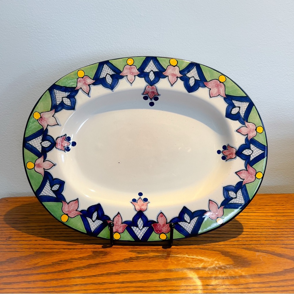 VTG Hand-Painted Talavera Style Mexican Pottery Platter 12”x9” Floral Geometric